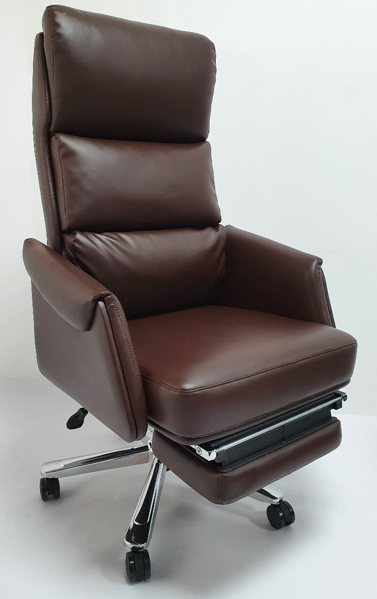 Brown Leather Executive Office Chair with Built in Footrest - HB-256A